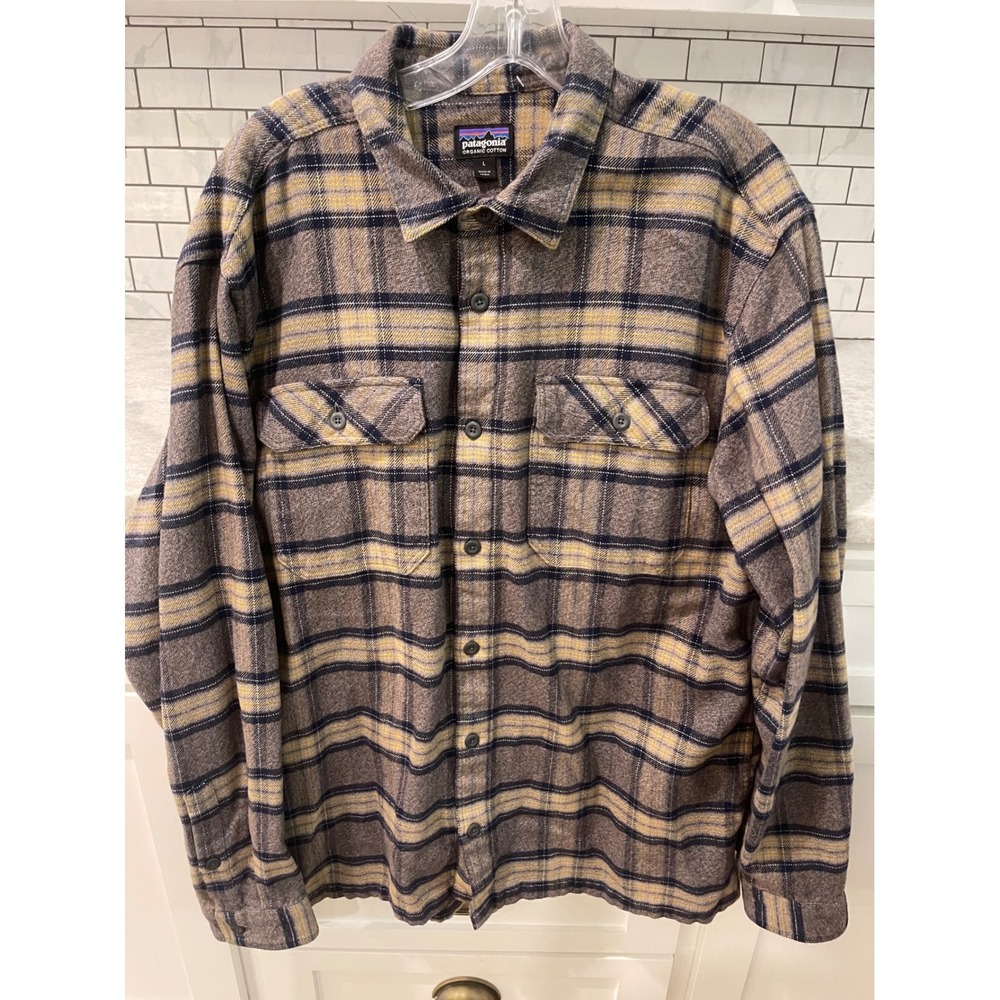 Patagonia Flannel Shirt Mens Large Brown FJord Plaid Organic Cotton STY53947